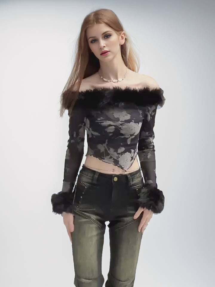 Chiffon Tulle Floral Print Asymmetric Long Sleeve Top