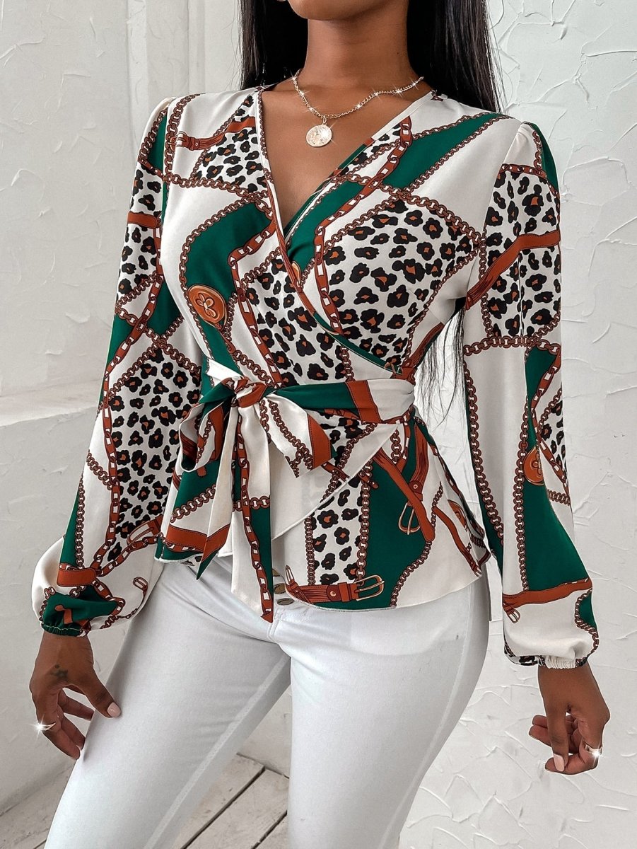 Fashion Chiffon Deep V Neck Printed Tie Cross Long Sleeve Women's Top
