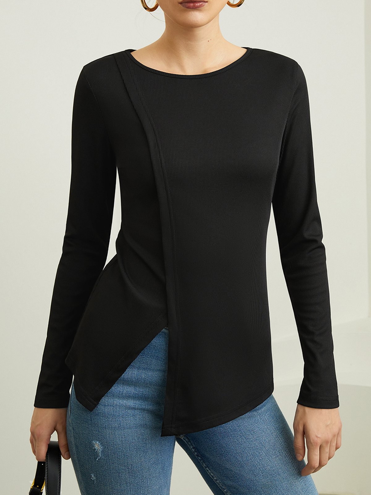 Women's Autumn Solid Color Round Neck Splicing Long Sleeve Cardigan Top