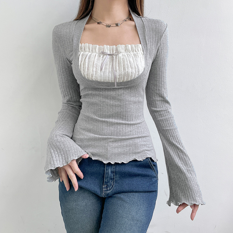 Women's Square Neck Lace Pleated Flared Sleeve Top