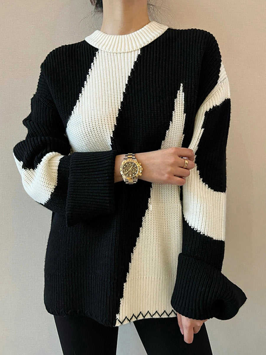 Colorblocking Round Neck Loose Knit Sweater