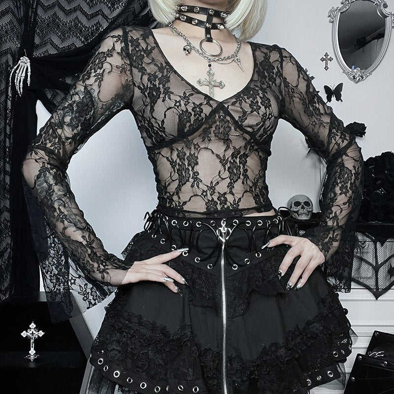Y2K Fashion Solid Color V-Neck Lace Embroidery Flare Long Sleeve Sexy Tight Top