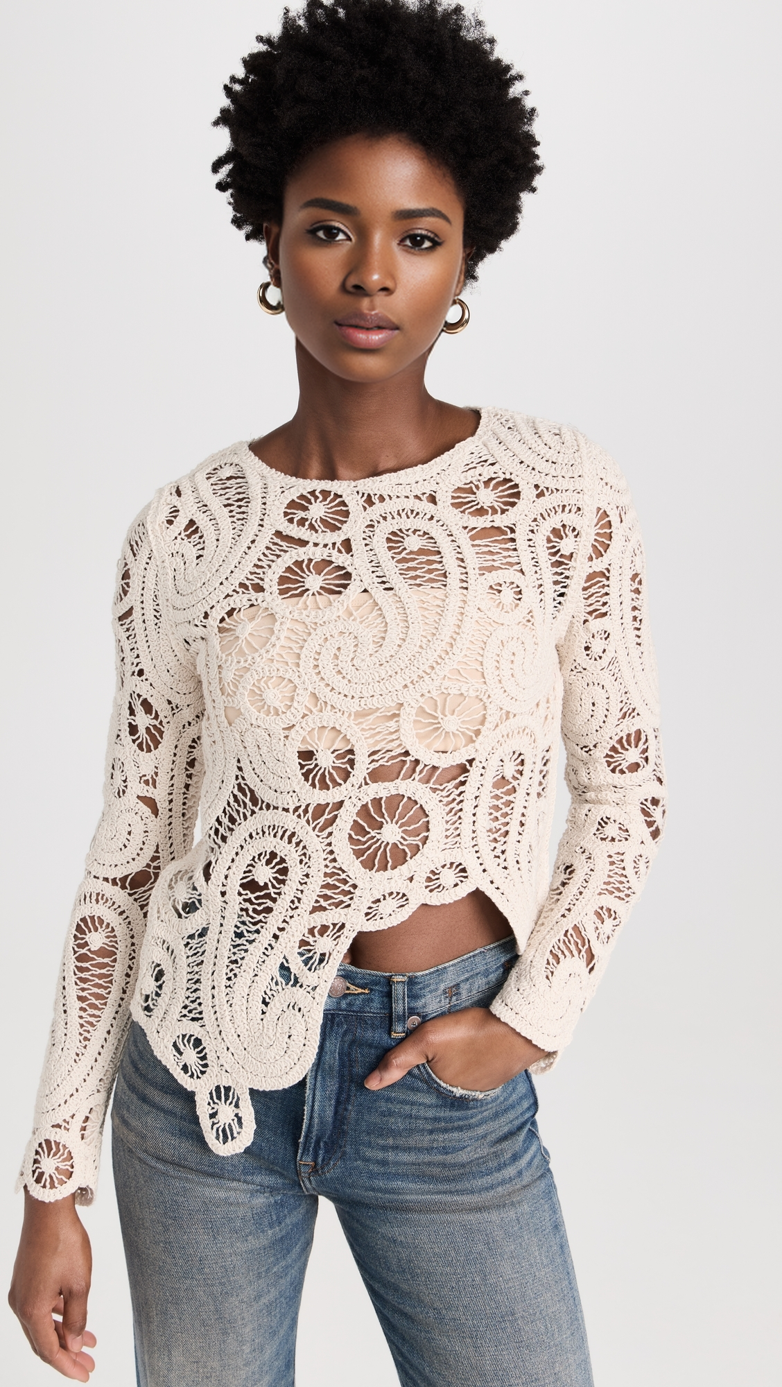 Women's Crochet Cutout Long Sleeve Irregular Beach Outer Shirt
