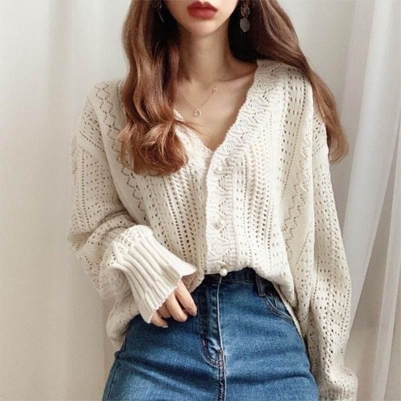 Fashion Knitted Cardigan Pearl Button Hollow Long Sleeve Top