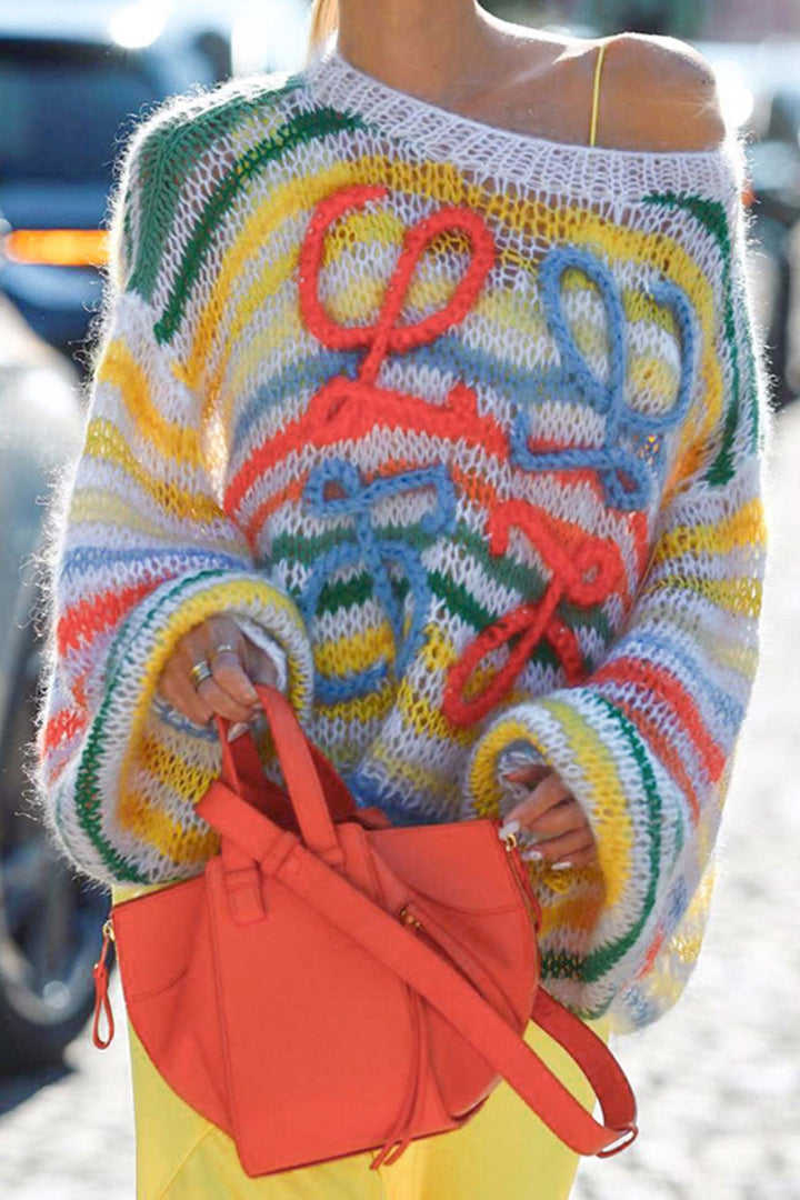 Women's Sweet Colourful Wool Crochet Hollow Out Loose Sweater