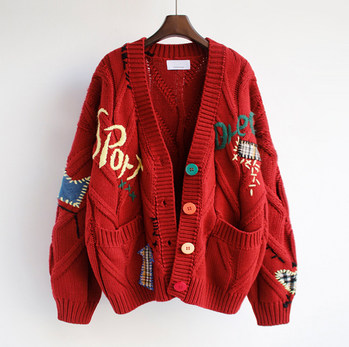 Women's Loose Knitted Sweater Jacket with Embroidery