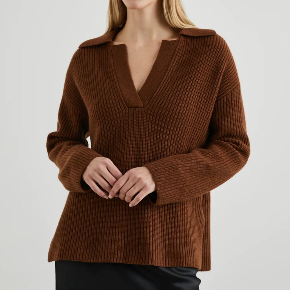Custom Brown Turned Hair V Neck Wool Ribbed Long Sleeve Side Slit Women's Pullover Sweater