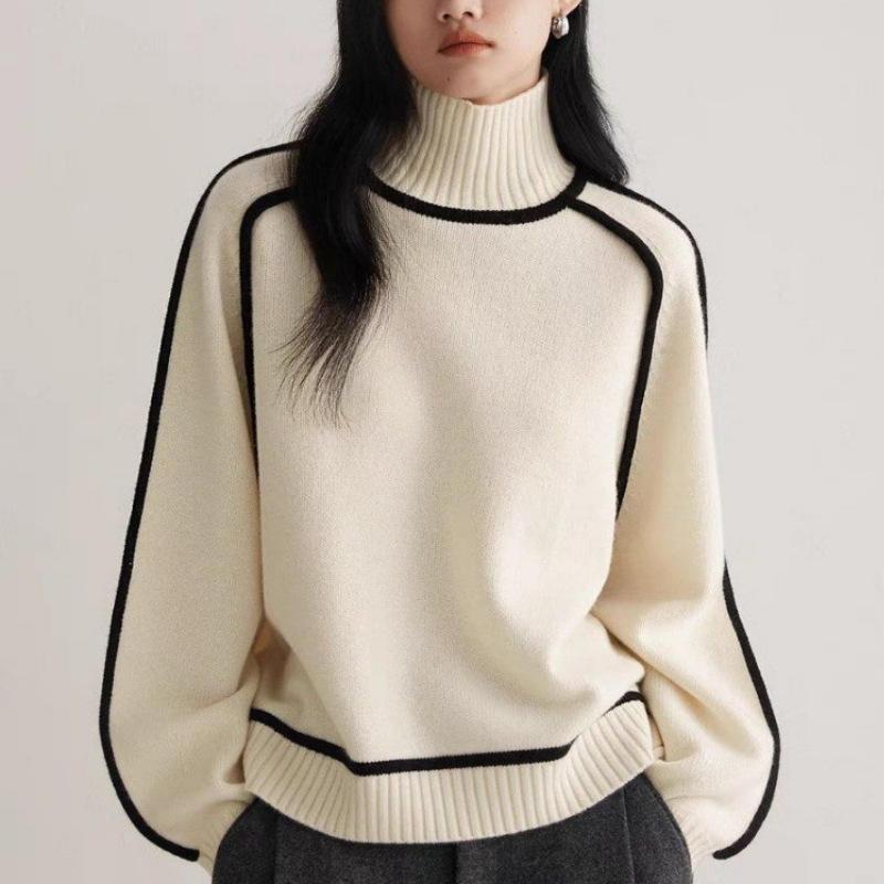 Women's High Neck Patchwork Wool Knit Long Sleeve Jumper