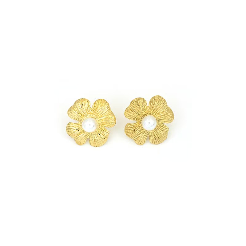 Stainless steel petal shaped pearl inlaid earrings for women