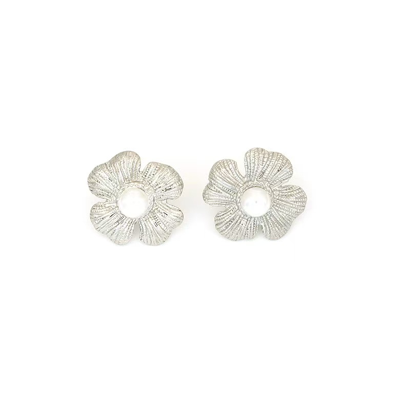 Stainless steel petal shaped pearl inlaid earrings for women