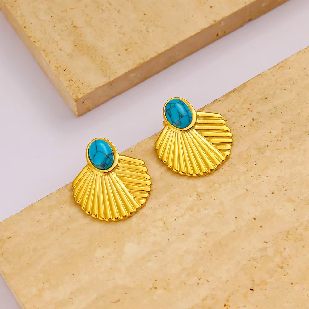 French Retro Turquoise Stainless Steel Geometric Fan Earrings