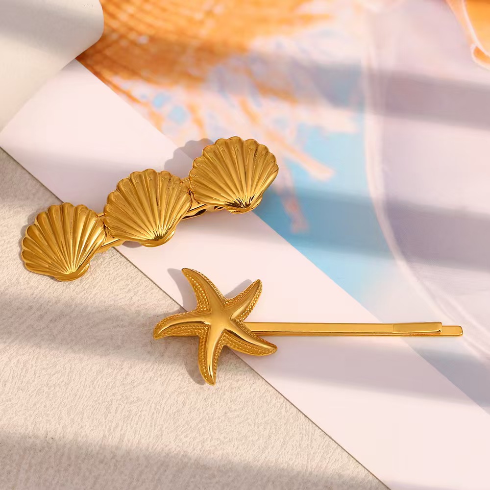 European and American Fashion Stainless Steel Golden Starfish Scallop Hair Clip for Women