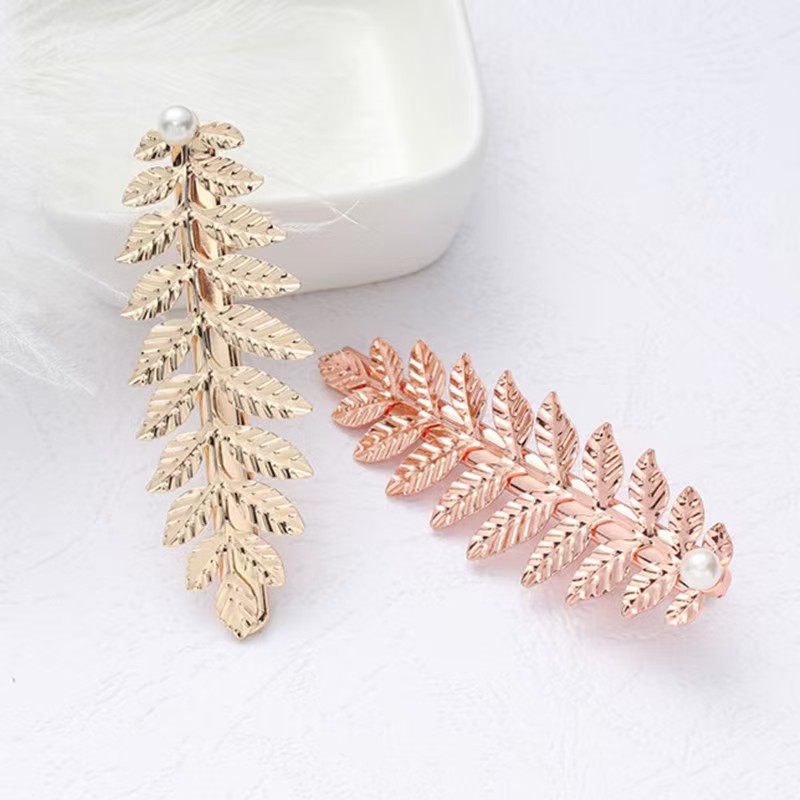 European and American Leaf Pearl Crystal Hair Clip