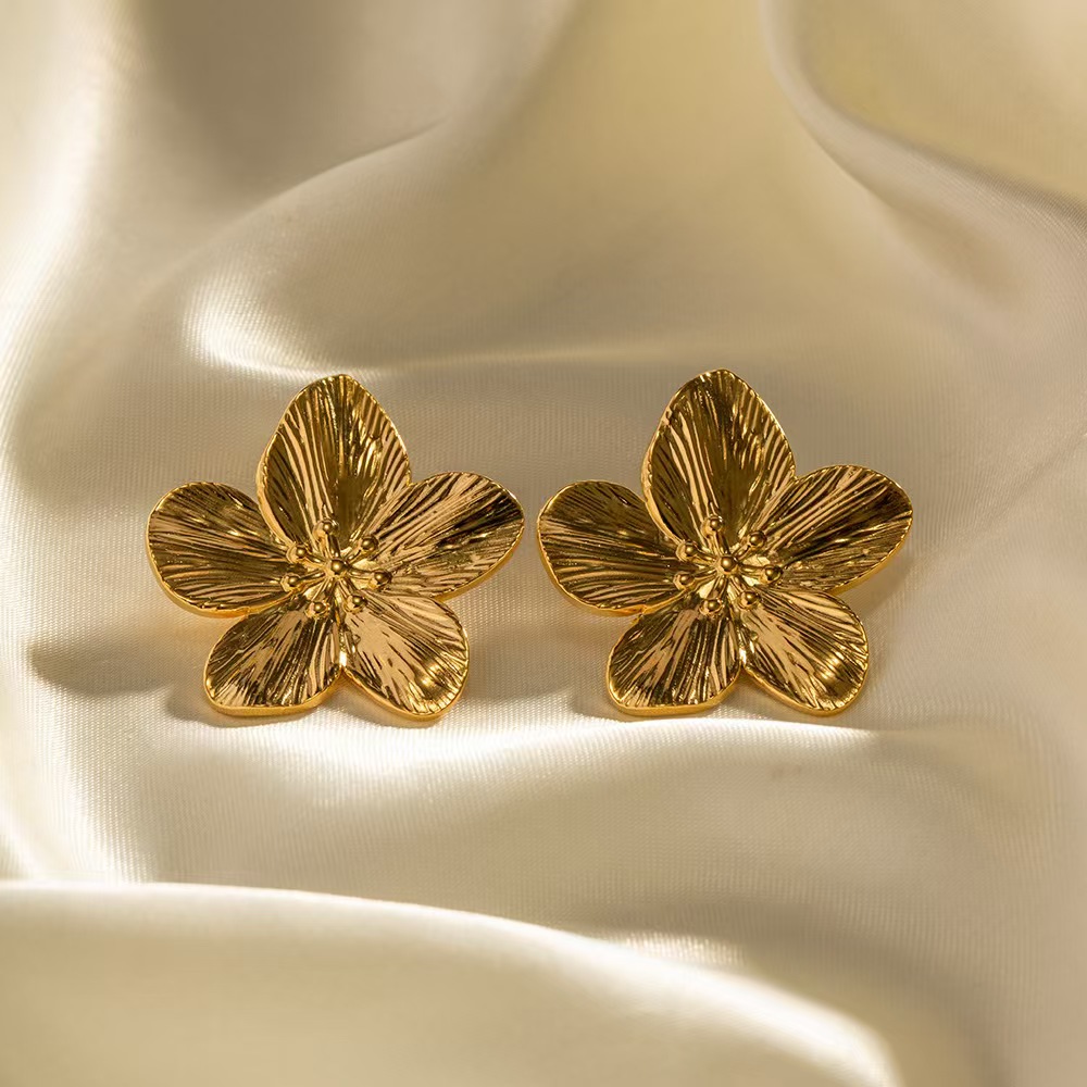Palace style retro gold five petal flower stainless steel earrings