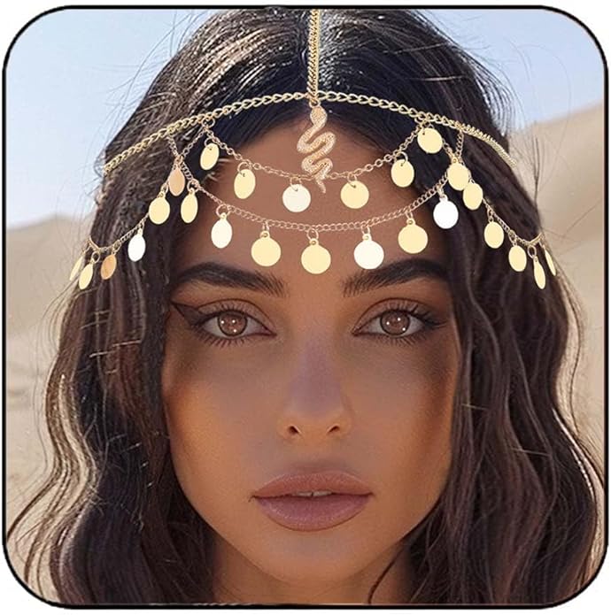 Amie Reaky Gold Sequin Snake Head Chain Egyptian Headpiece for Women
