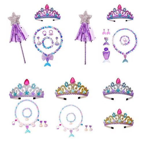 Children's Mermaid Princess Crown Headband with Rhinestones and Pearl Shell Necklace