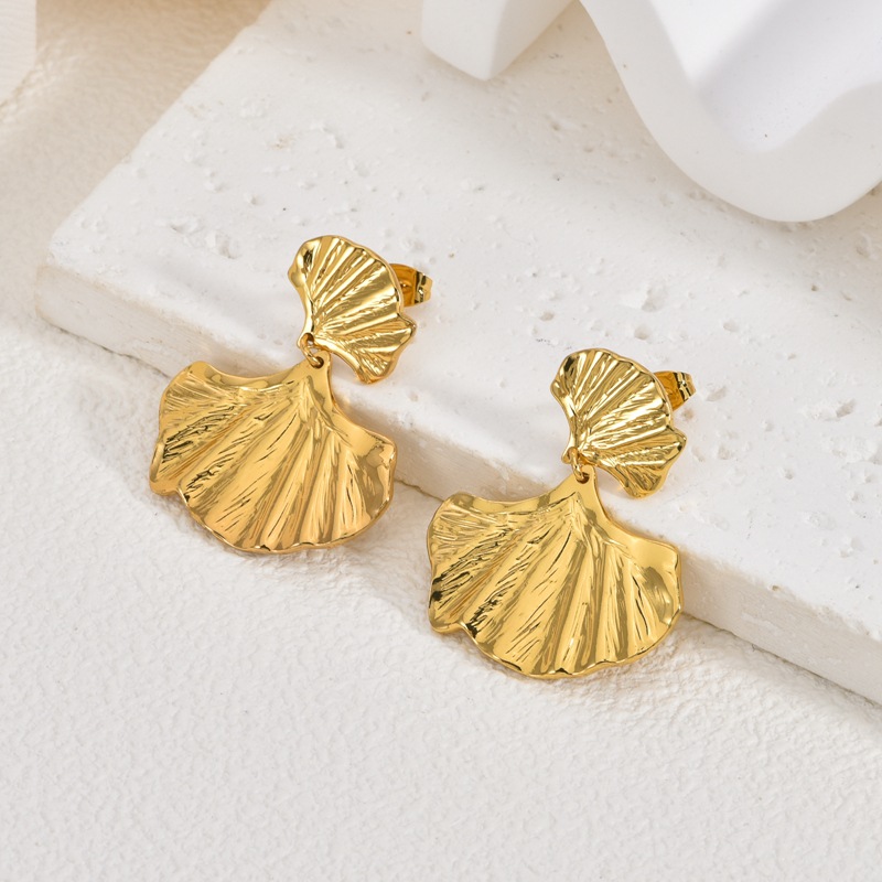 Gold Hammered Leaf Stainless Steel Earrings