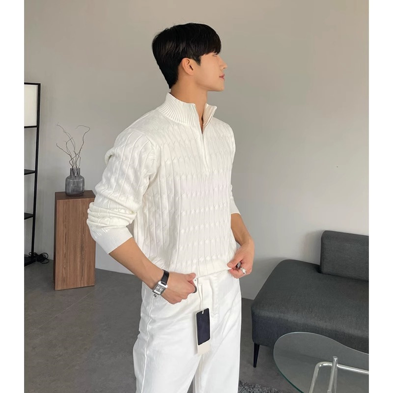 Men's Casual Plain Long Sleeve Stand Collar Quarter Zip Cable Knit Sweater