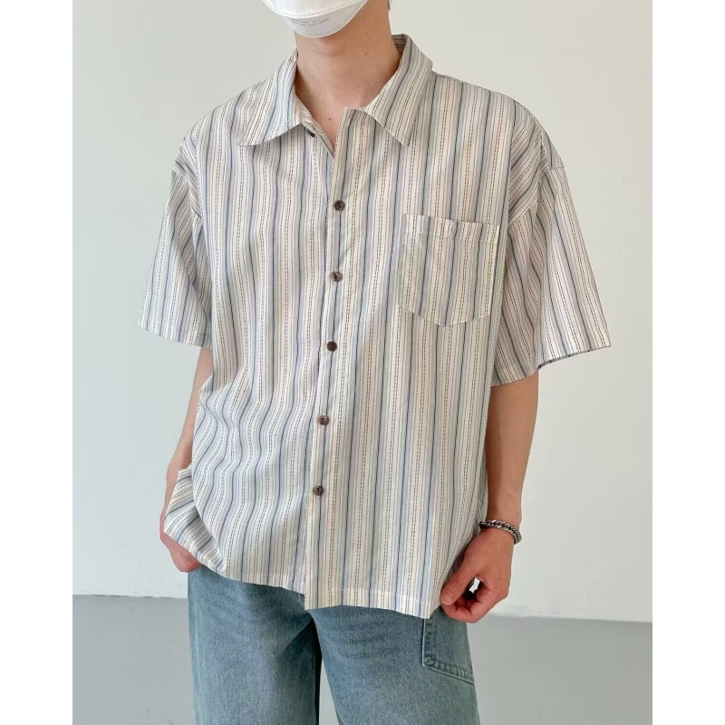 Men's Casual Collared Half Sleeve Striped Shirt with Patch Pocket