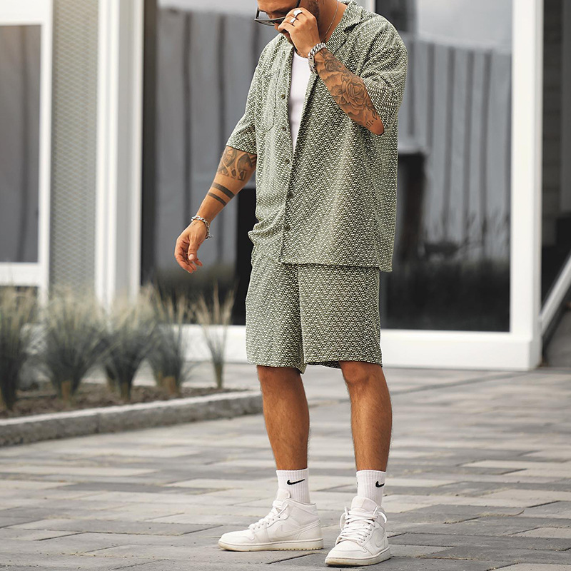 Men's Casual Chevron Lapel Short Sleeve Button Down Shirts & Shorts 2 Piece Set