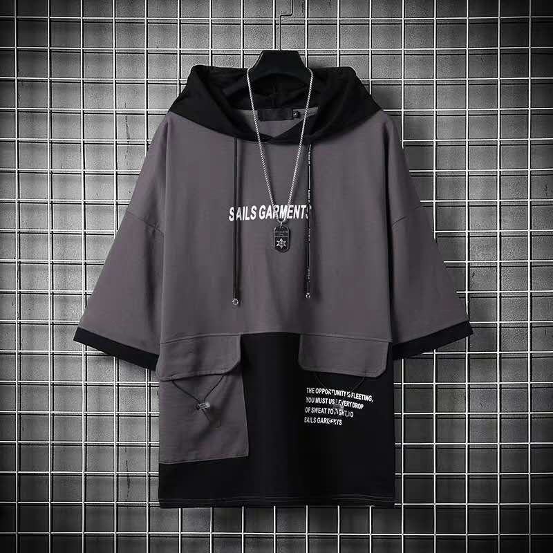 Men's Casual Letter Splicing Colorblock Hooded Half Sleeve T-shirt