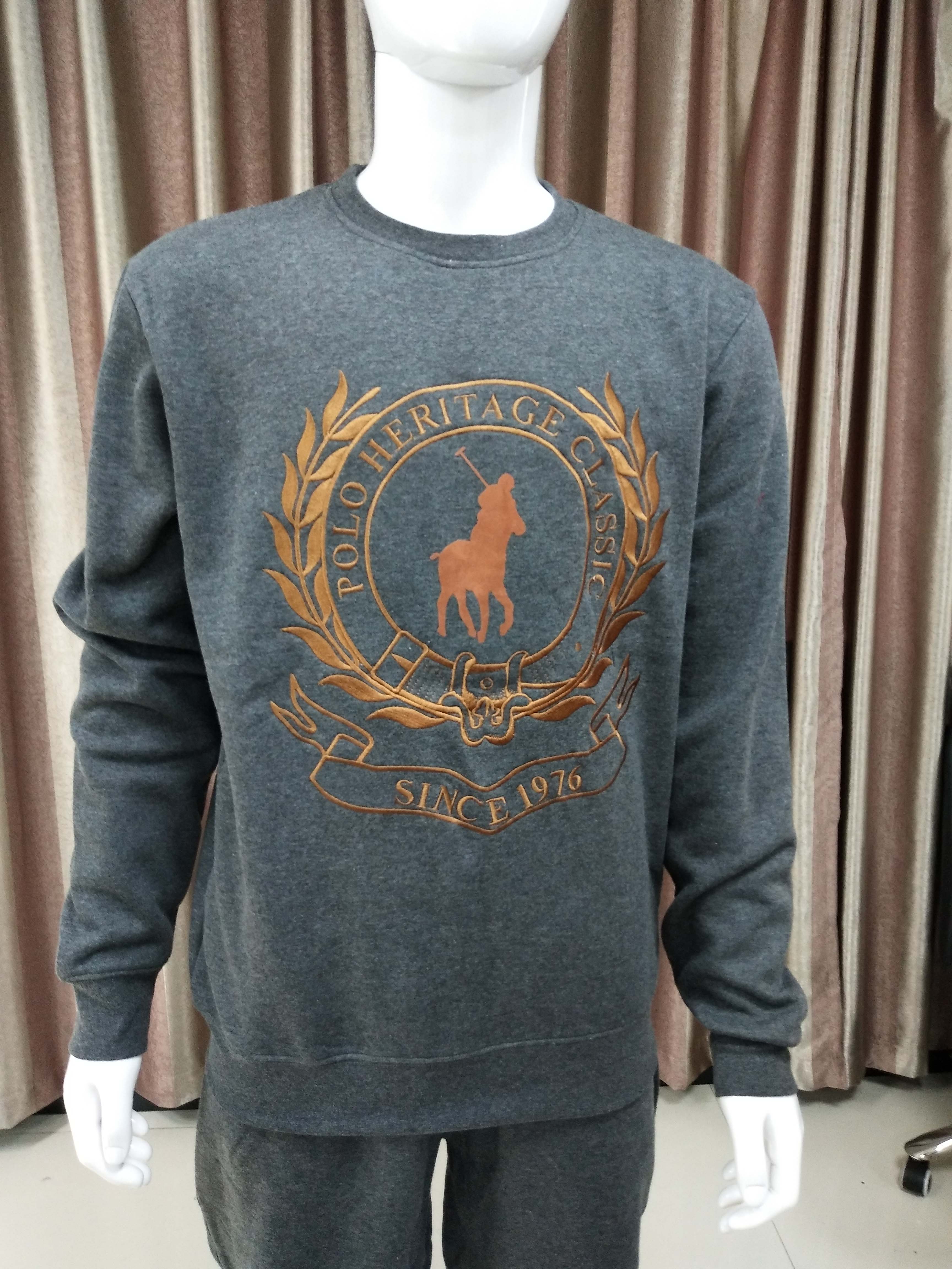 Men's Casual Long Sleeve Fleece Pullover with Flock and Embroidery