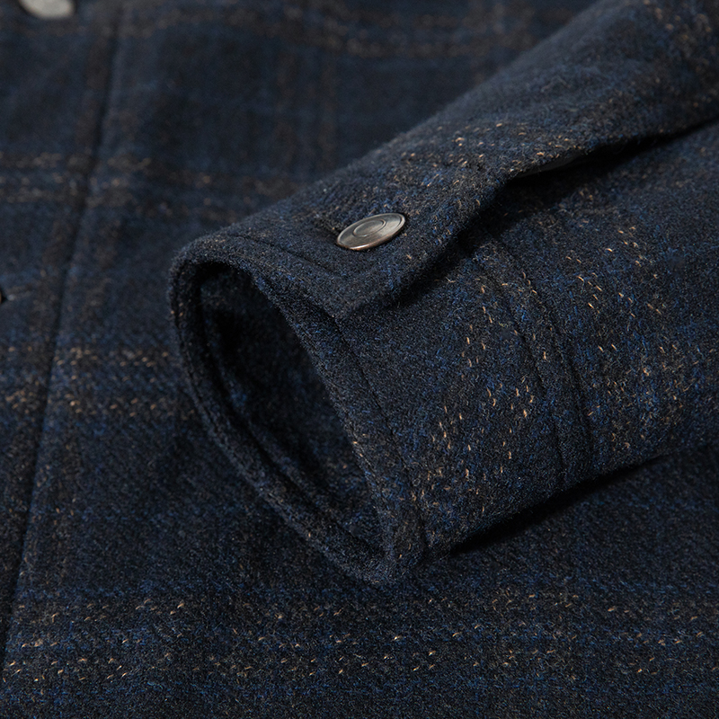 Men's Navy Check Teddy Wool Turn-Down Collar Woolen Jacket