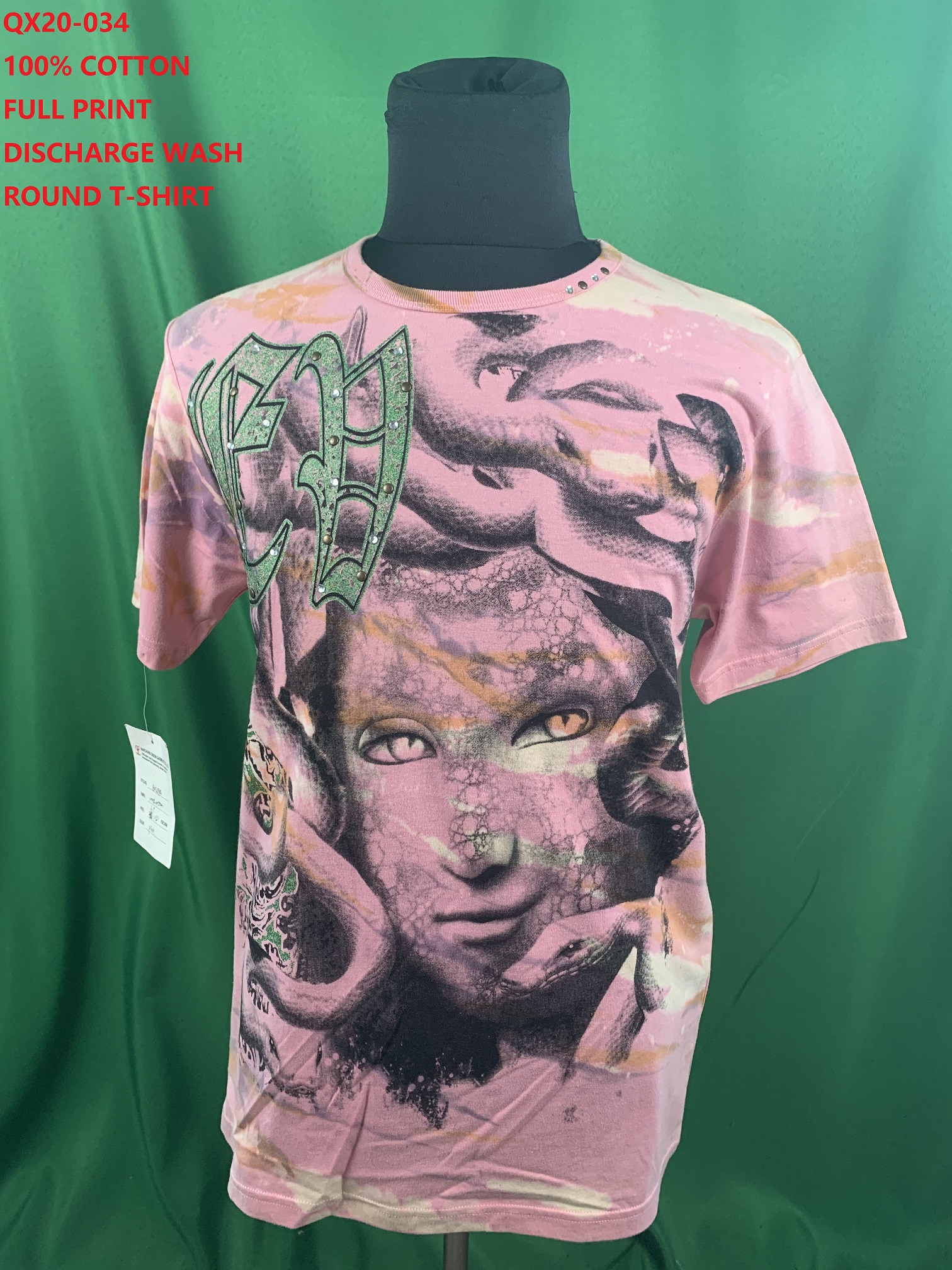 100% Cotton Full Print Discharge Wash Round T-Shirt