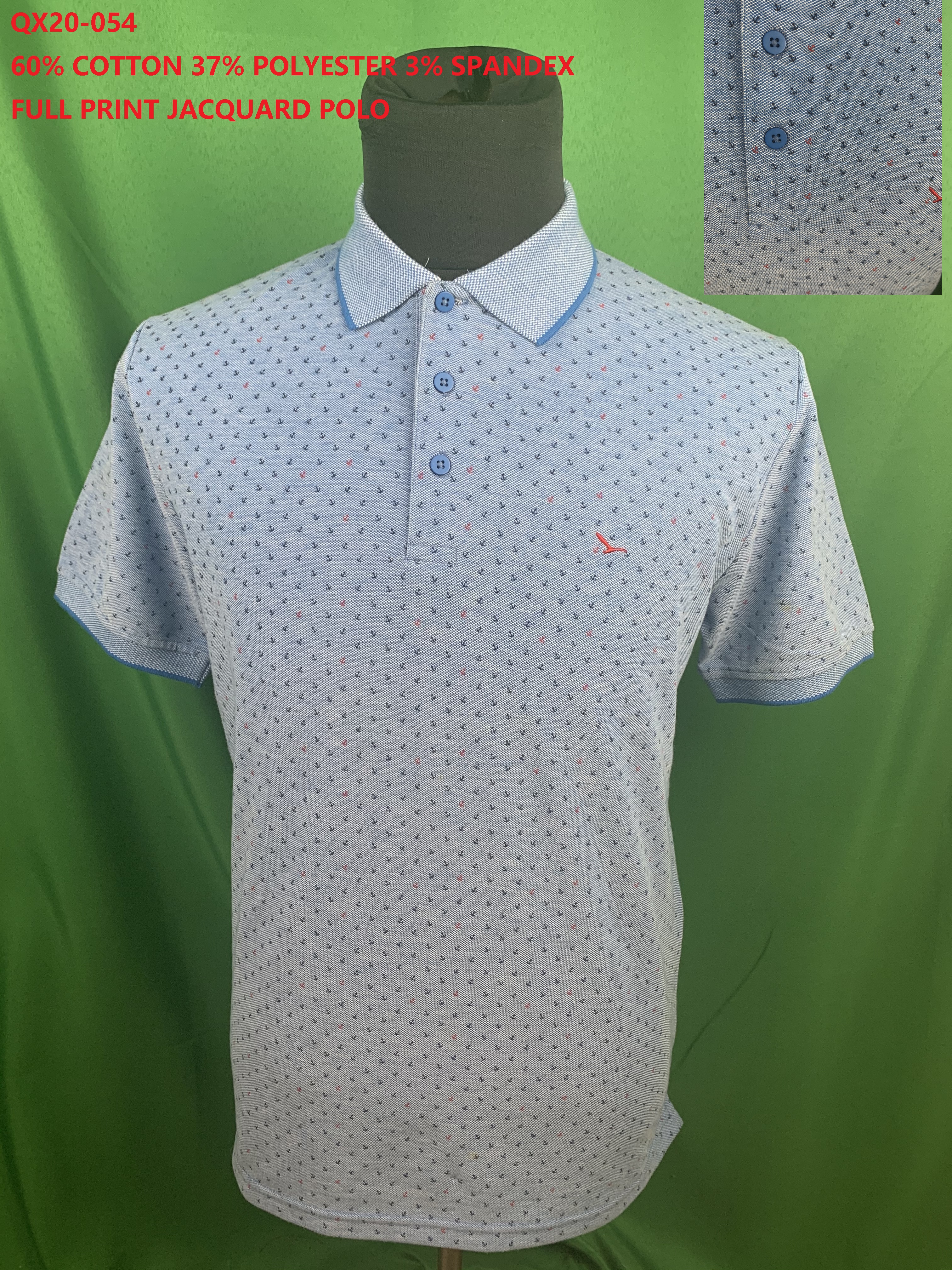 QX20-054 CVC Spandex Full Print Jacquard Polo Shirt