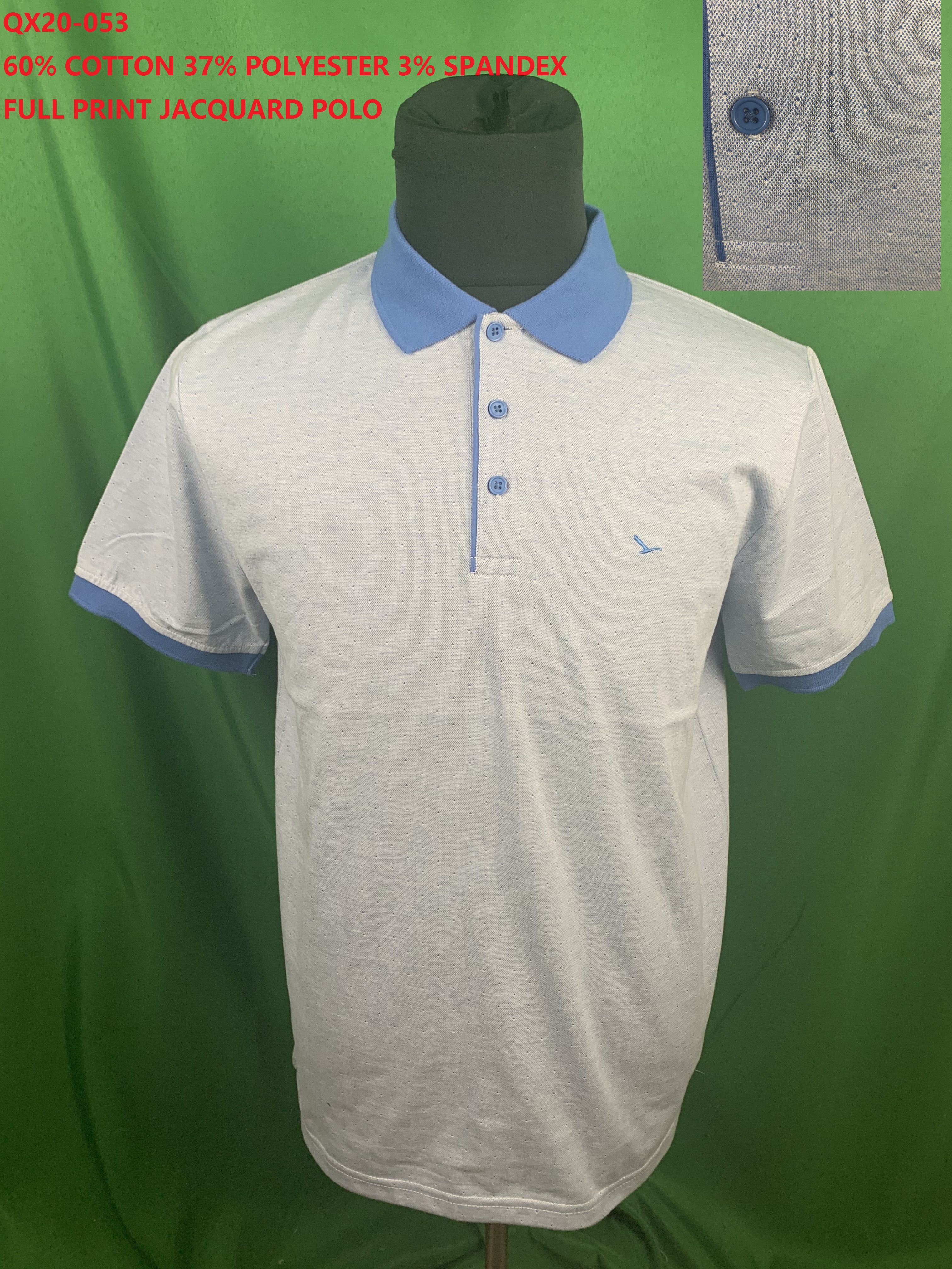 QX20-053 CVC Spandex Full Print Jacquard Polo Shirt