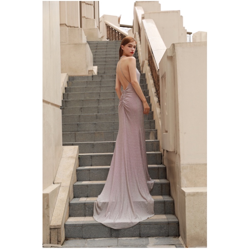 Women's Halter Neck Rhinestone Shoulder Strap Backless Evening Dress