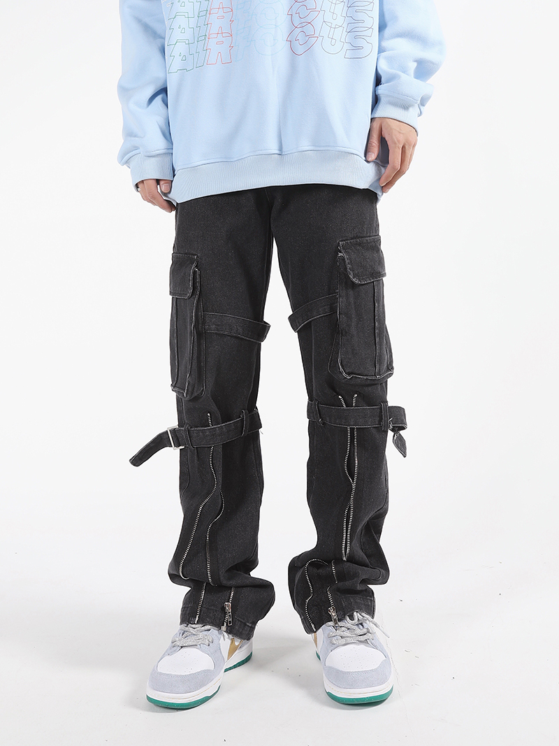 Blue Black Wide Leg Cargo Denim Jeans