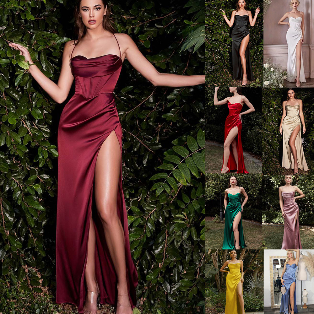 Elegant Solid High Slit Waist Long Satin Dresses