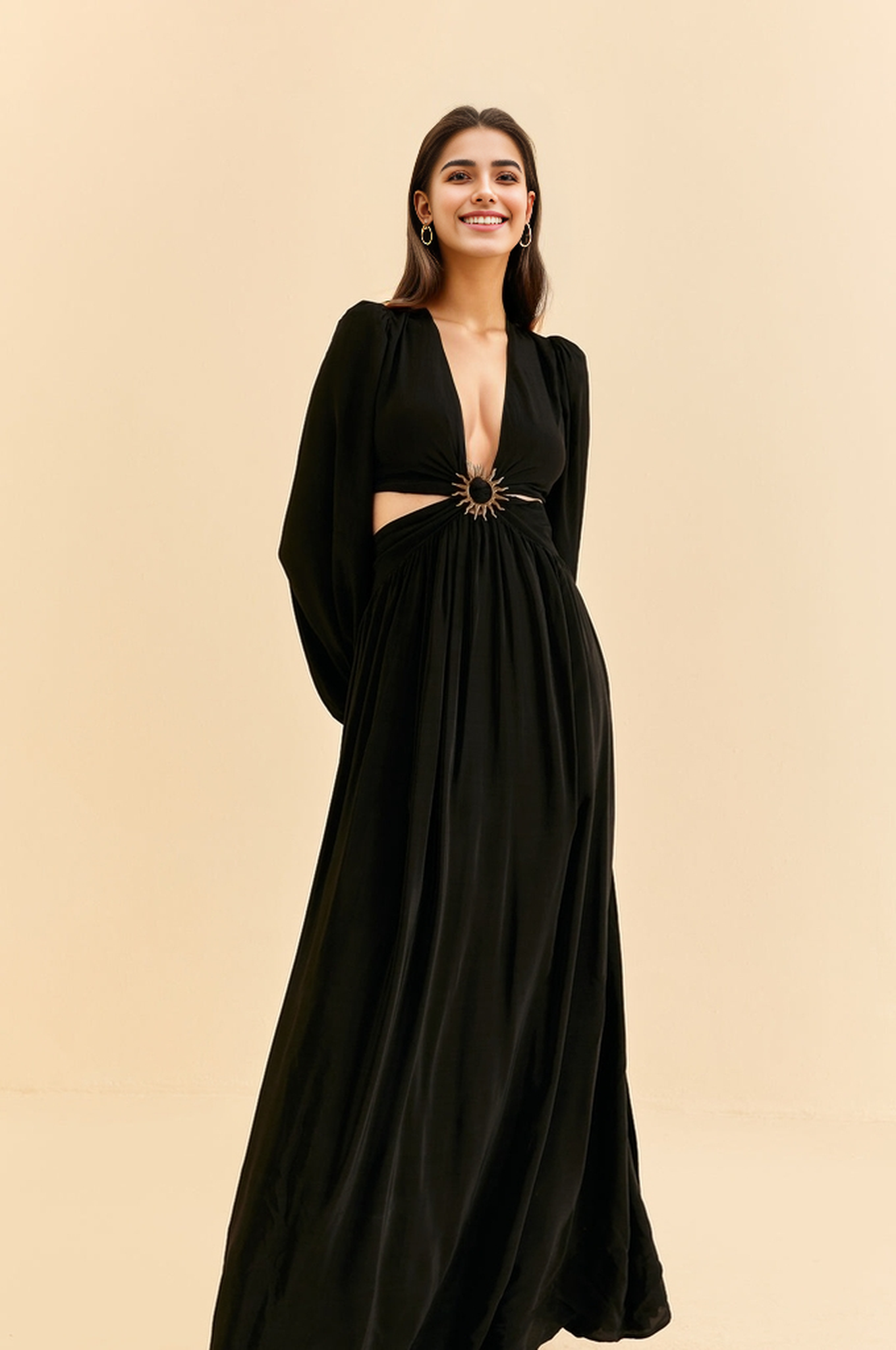 Elegant Formal Black Polyester Long Sleeve Deep V Waistless Metal Belt Buckle Women's Long Dress