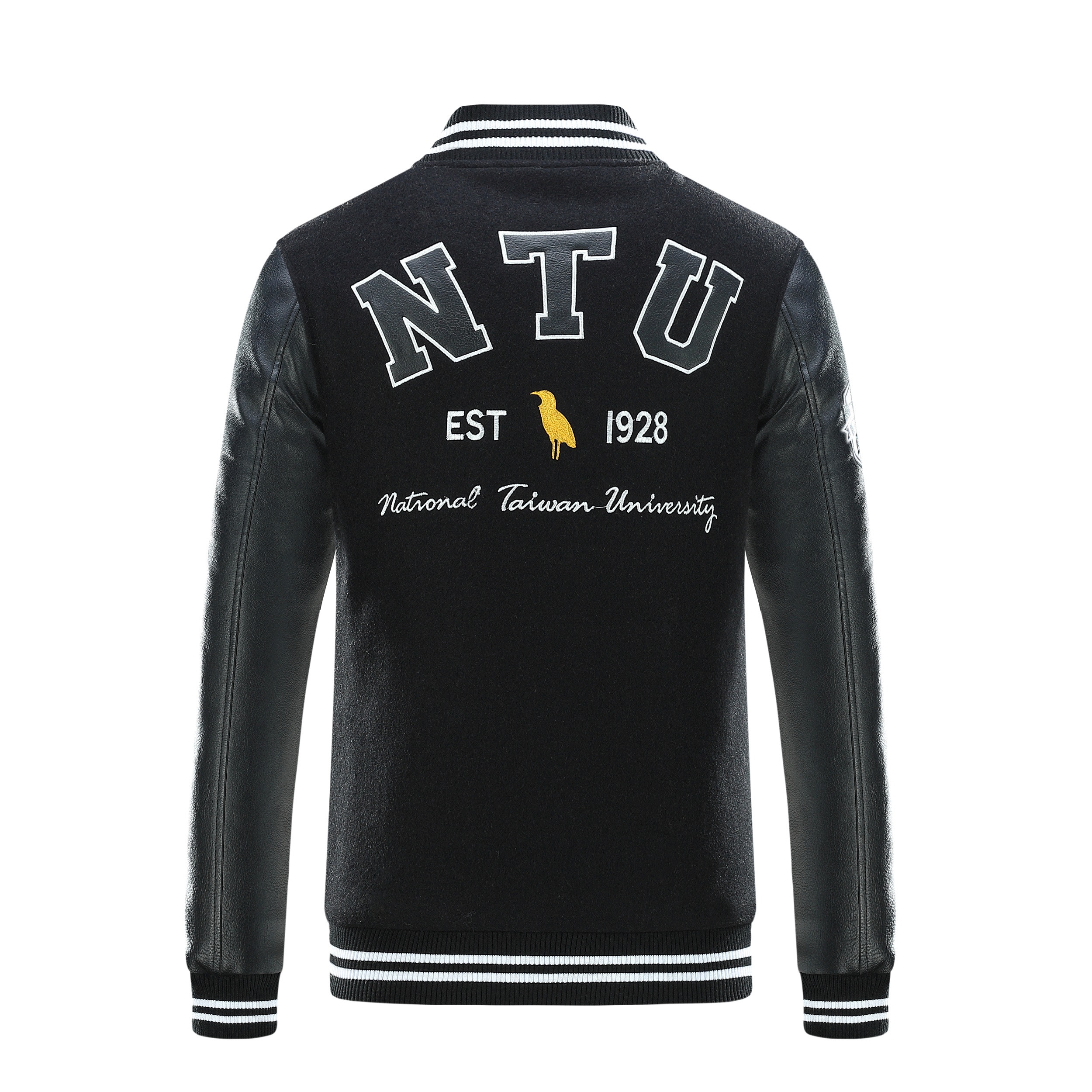 Men's Black Baseball Jacket with White Letter "T" and Stripes