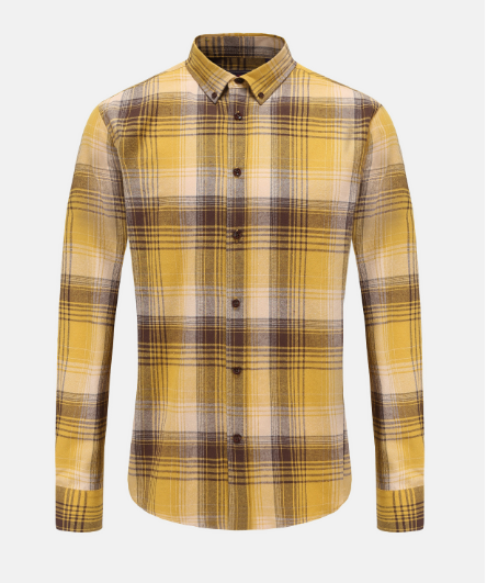 Yellow-brown checkered all-cotton shirt with drawstring cuffs