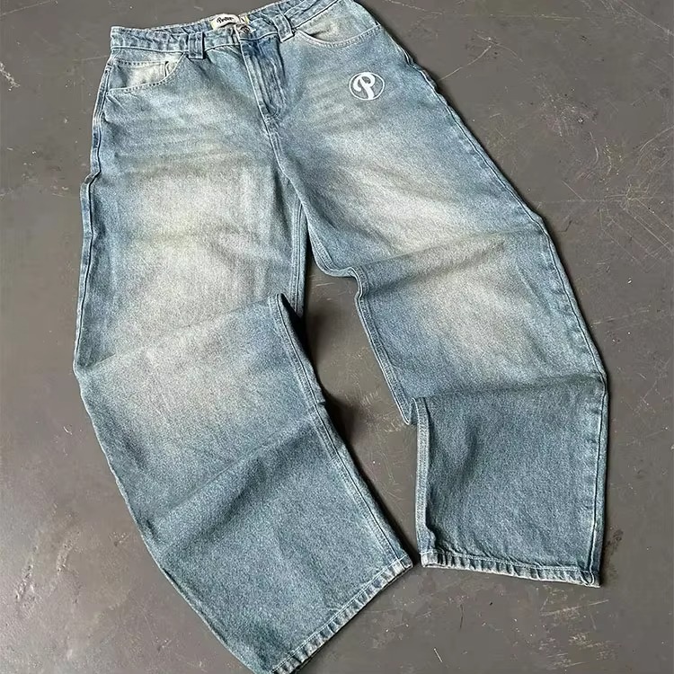 Custom Embroidered Streetwear Baggy Acid Wash Men's Jeans