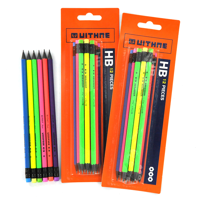 HB pencil in blister pack with neon body and eraser