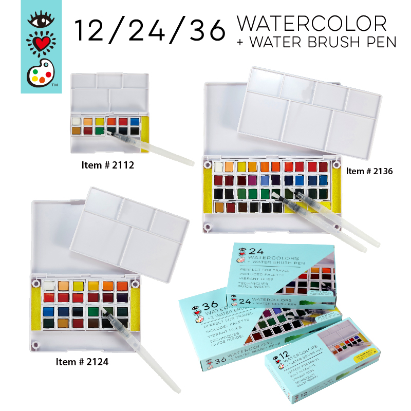 24 Water Colors Travel Pocket Set with Refillable Brush Pen