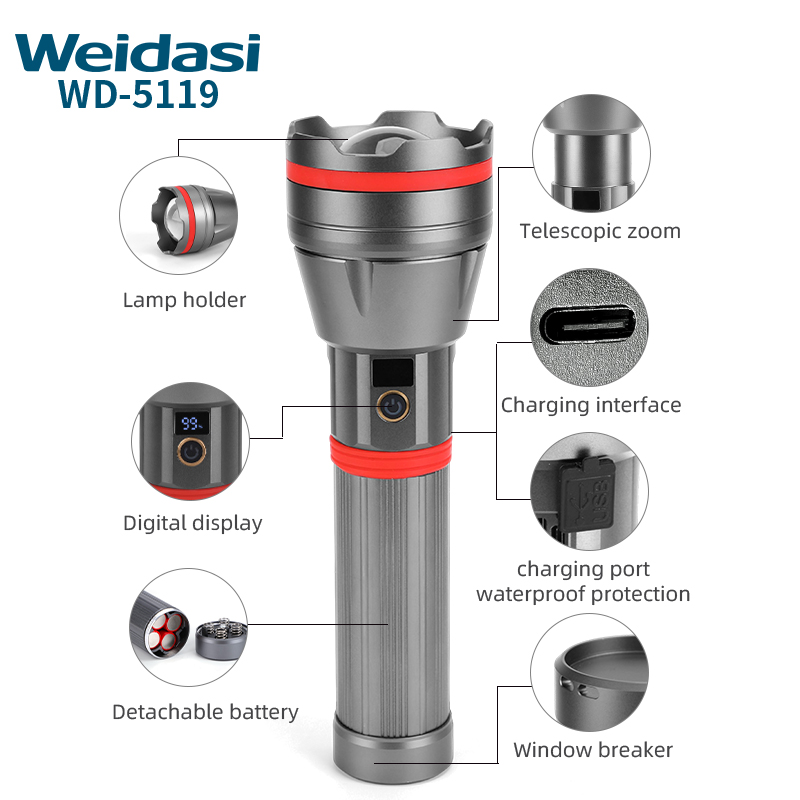 USB Rechargeable Telescopic Zoomable LED Flashlight with Power Display