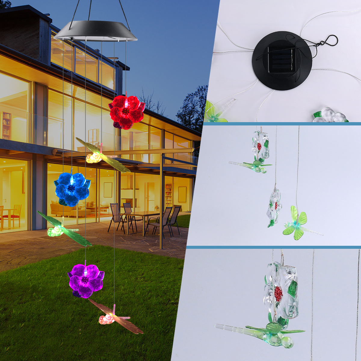 Solar Wind Chime Light with Flower and Dragonfly Design