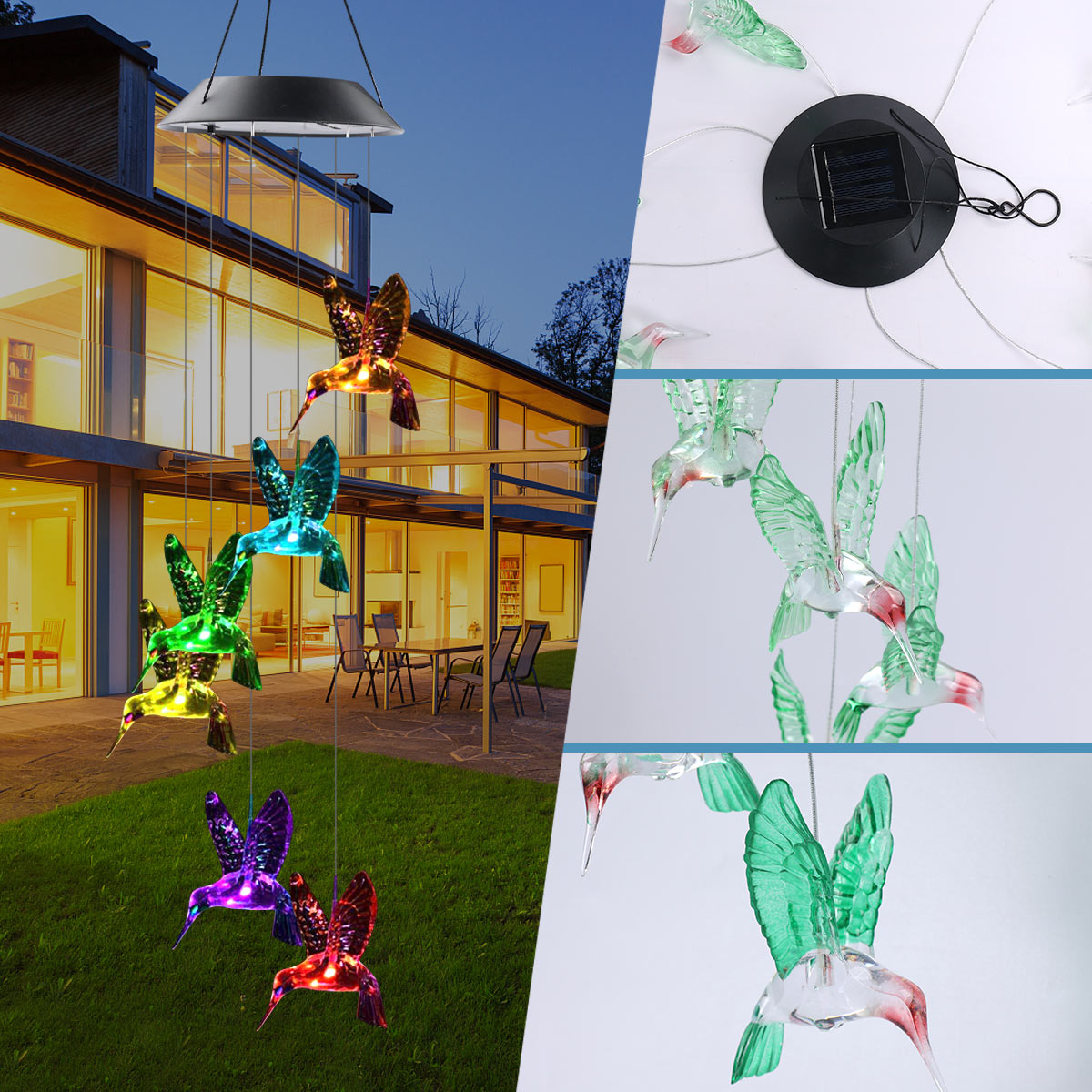 Solar LED Hummingbird Wind Chime Garden Lawn Lamp