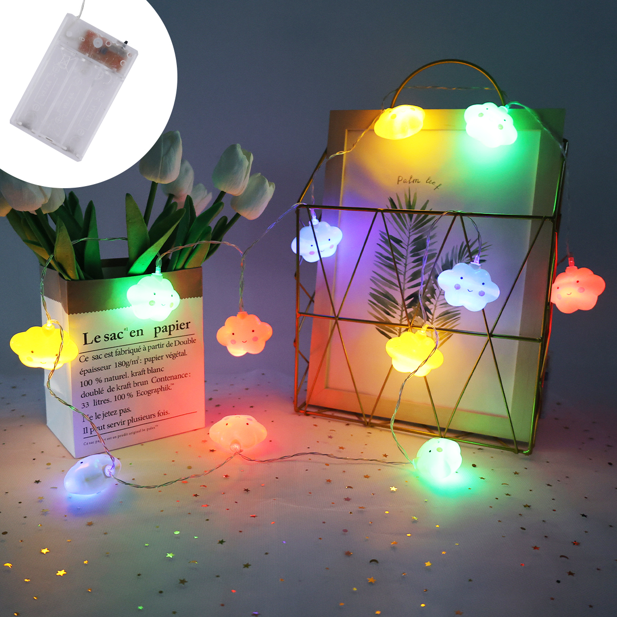 LED String Lights with Mushroom Cloud, Eye, Lemon, Pineapple, and Pumpkin Designs