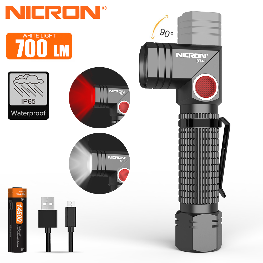 NICRON B74T Dual Fuel 700LM 7W Rechargeable Mini Twist Flashlight with Red Light