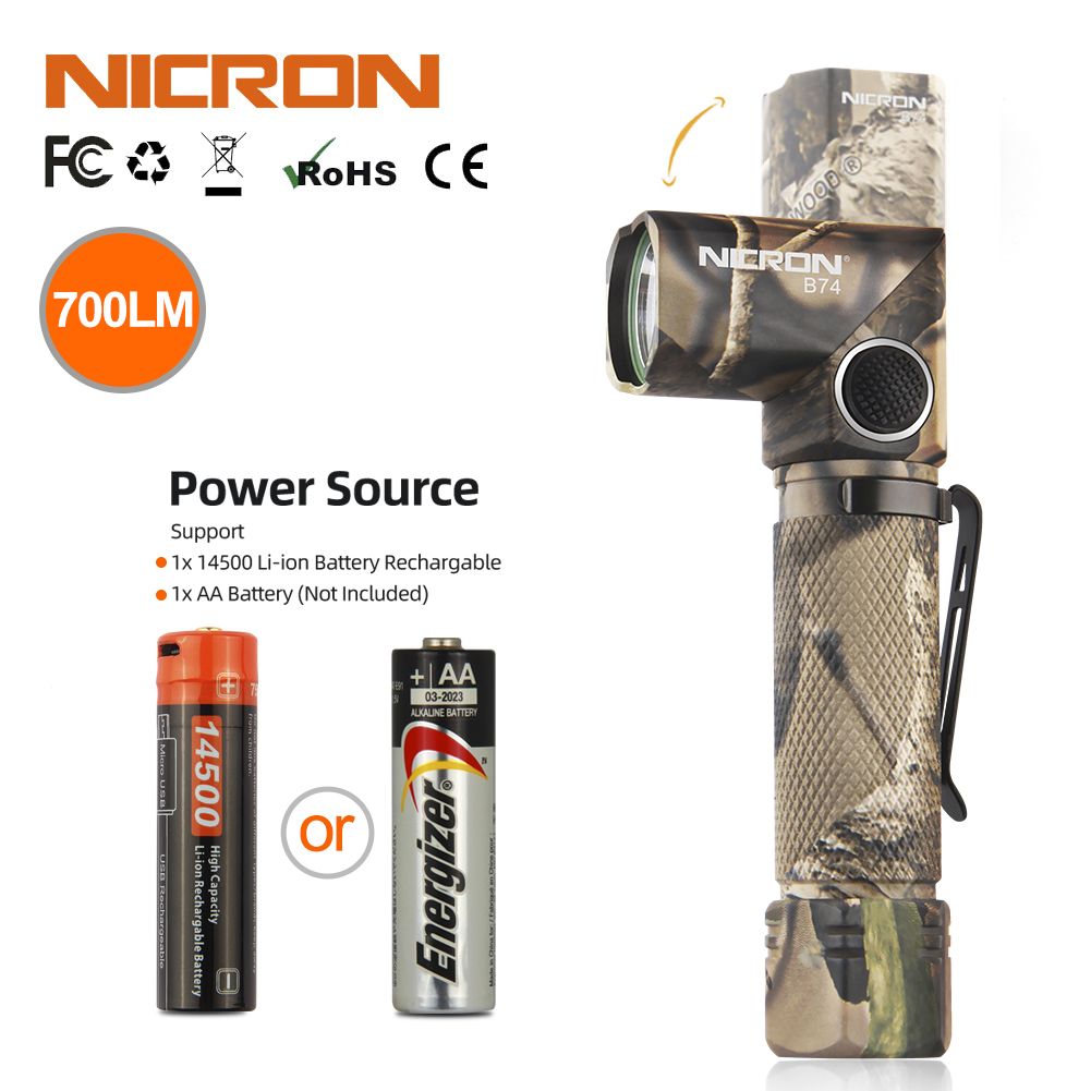 NICRON B74camo Dual Fuel 700LM 7W Rechargeable Mini Flashlight