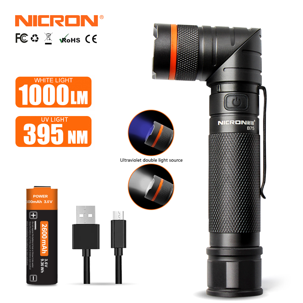 NICRON B75 Rechargeable Twist Flashlight with UV Light