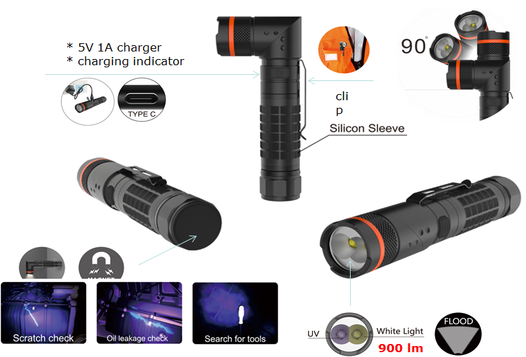 900LM Professional 3-in-1 Rechargeable Aluminum Flashlight and Work Light