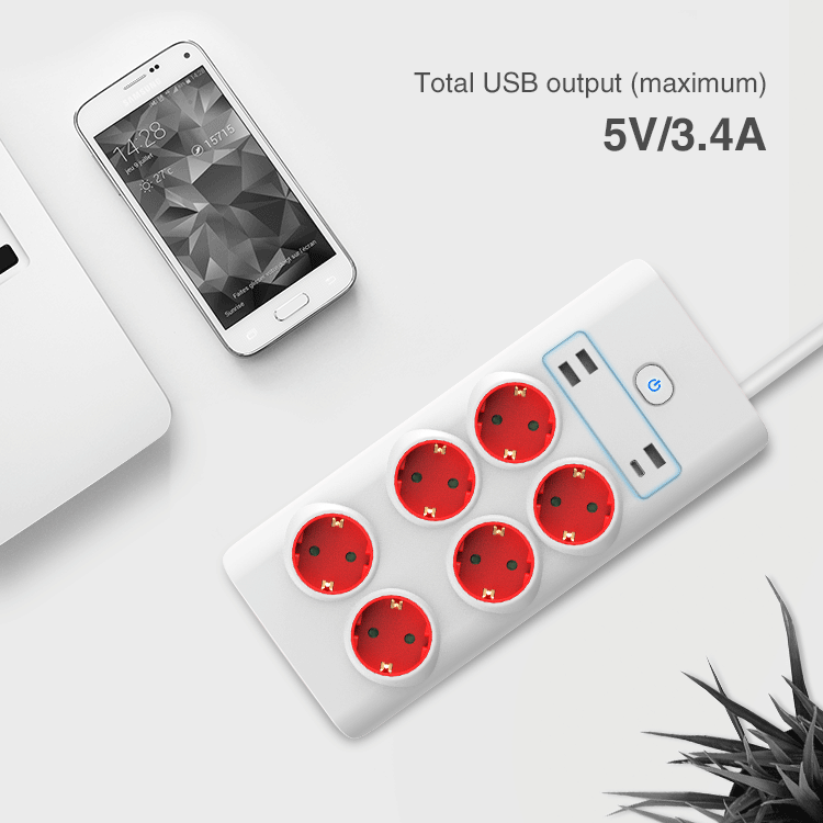 USB Power Strip with Schuko/French Outlets and Surge Protection