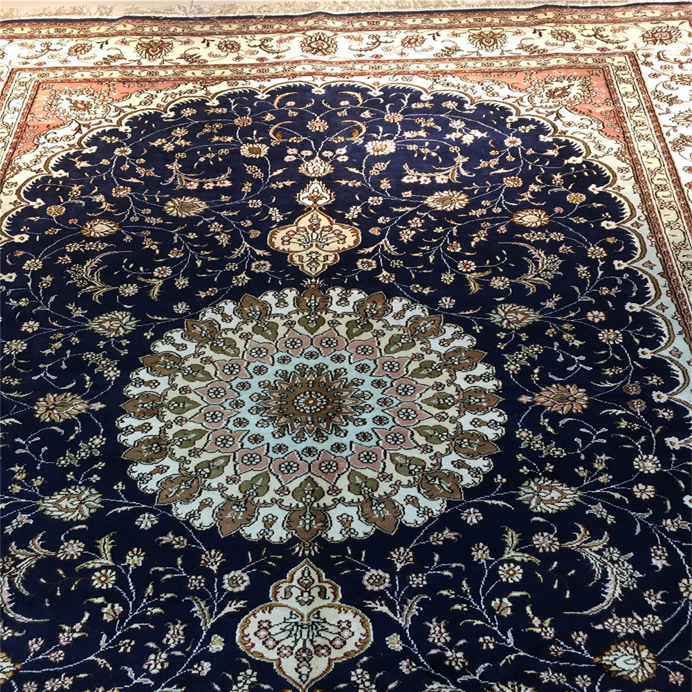 Hand-Knotted Art Silk Persian Carpet, 6x9ft, Dark Blue