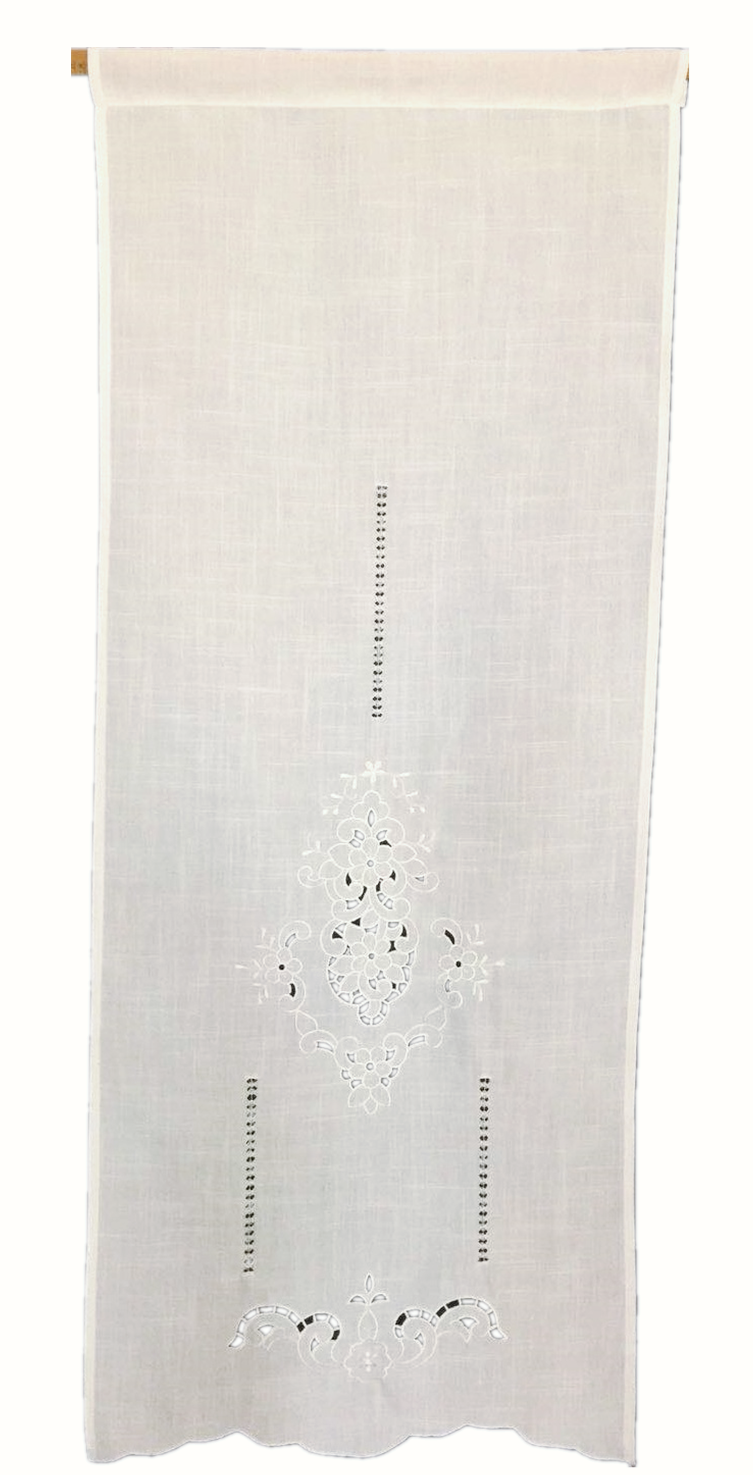 Curtain with cut work, hemstitch, and embroidery